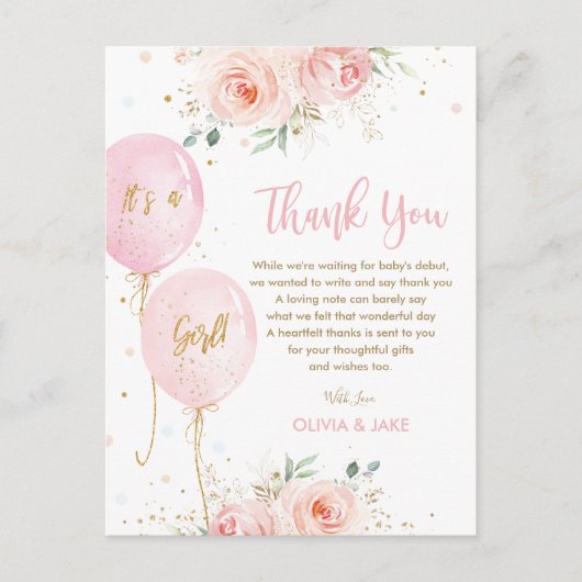 Chic Roze Bloem Ballonnen Baby Shower Bedankt Briefkaart (Voorkant)