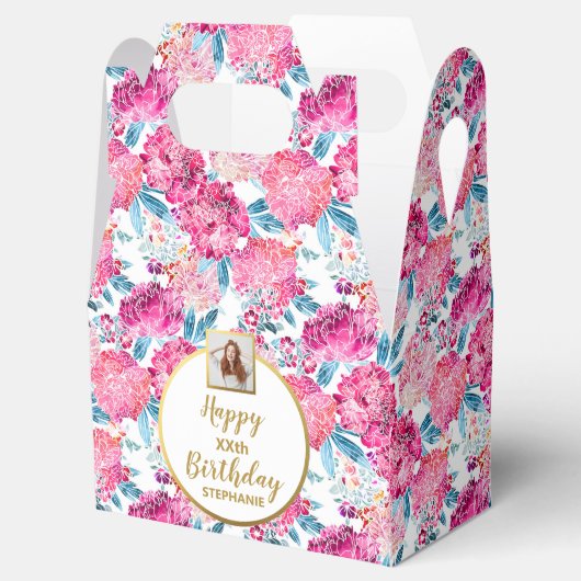 Chic roze bloemen, Aangepaste foto, Fijne verjaard Bedankdoosjes (Geopend)
