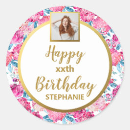 Chic roze bloemen, Aangepaste foto, Fijne verjaard Ronde Sticker