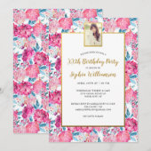 Chic roze bloemen elke leeftijd Foto Birthday Part Kaart (Voorkant / Achterkant)