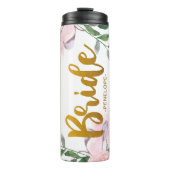 Chic Roze Bloemen Faux Gouden Bruid Script en Naam Thermosbeker (Voorkant)