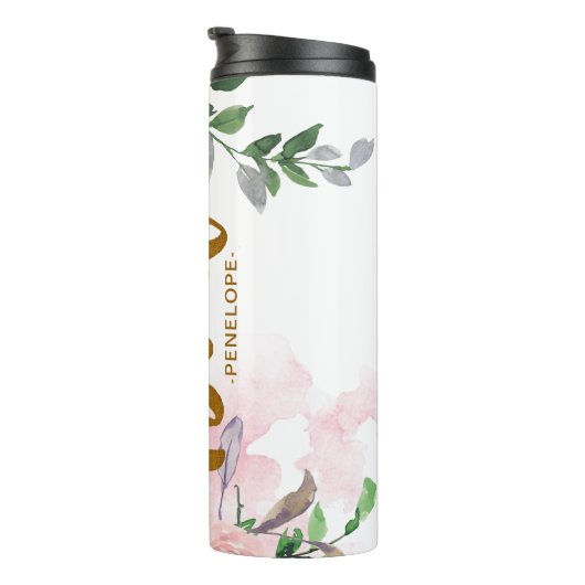 Chic Roze Bloemen Faux Gouden Bruid Script en Naam Thermosbeker (Geroteerd rechts)