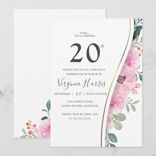 Chic Roze Bloemen Foliage Twintigste Verjaardag Kaart (Voorkant / Achterkant)