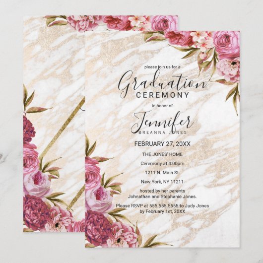 Chic Roze Bloemen Goud Marmer Afstuderen Ceremonie Kaart (Voorkant / Achterkant)