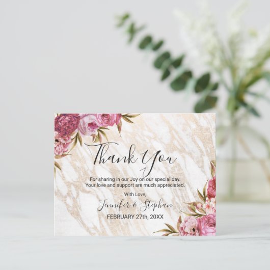 Chic Roze Bloemen Goud Marmer Dank u Briefkaart (Staand voorkant)