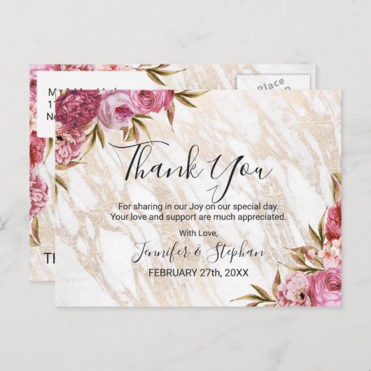 Chic Roze Bloemen Goud Marmer Dank u Briefkaart (Voorkant / Achterkant)