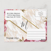 Chic Roze Bloemen Goud Marmer Dank u Briefkaart (Achterkant)