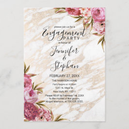 Chic Roze Bloemen Goud Marmer Verloving Kaart