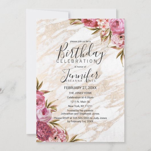 Chic Roze Bloemen Goud Marmeren Verjaardagsfeest Kaart (Voorkant)