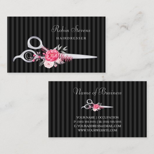 Chic Roze Bloemen Kapsalon Faux Zilveren Schaar Visitekaartje (Voorkant / Achterkant)