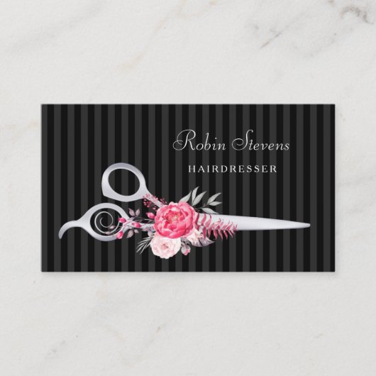 Chic Roze Bloemen Kapsalon Faux Zilveren Schaar Visitekaartje (Voorkant)