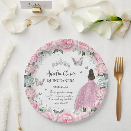 Chic Roze Bloemen Prinses Zilver Quinceañera XV Papieren Bordje (Huwelijk)