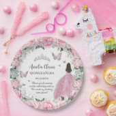 Chic Roze Bloemen Prinses Zilver Quinceañera XV Papieren Bordje (Feest)