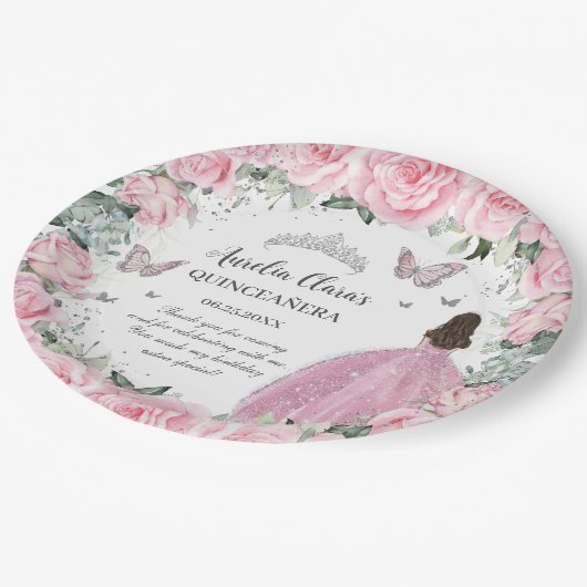 Chic Roze Bloemen Prinses Zilver Quinceañera XV Papieren Bordje (Gekanteld)