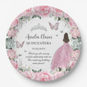 Chic Roze Bloemen Prinses Zilver Quinceañera XV Papieren Bordje (Voorkant)