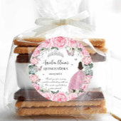 Chic Roze Bloemen Prinses Zilver Quinceañera XV Ronde Sticker