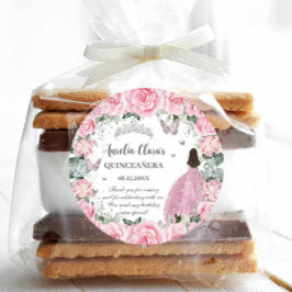 Chic Roze Bloemen Prinses Zilver Quinceañera XV Ronde Sticker