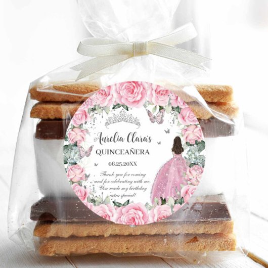 Chic Roze Bloemen Prinses Zilver Quinceañera XV Ronde Sticker