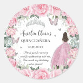 Chic Roze Bloemen Prinses Zilver Quinceañera XV Ronde Sticker (Voorkant)