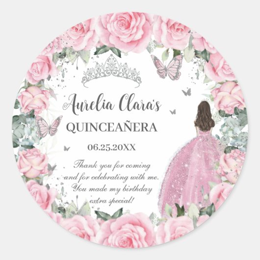 Chic Roze Bloemen Prinses Zilver Quinceañera XV Ronde Sticker (Voorkant)