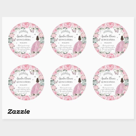 Chic Roze Bloemen Prinses Zilver Quinceañera XV Ronde Sticker (Vel)