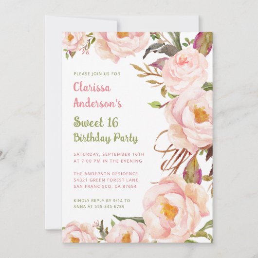 Chic Roze Bloemen Sweet 16 Verjaardag Kaart (Voorkant)