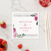 Chic Roze Bloemen & Zilveren Stippen Monogram Huwe Servetten (Insitu)