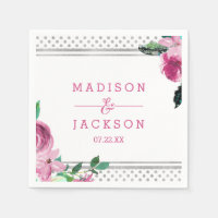 Chic Roze Bloemen & Zilveren Stippen Monogram Huwe