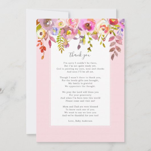 Chic roze bloemengedicht baby shower bedankkaart kaart (Voorkant)