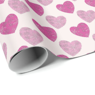 Chic Roze Blush Bloemen Doodle Patroon Harten Cadeaupapier