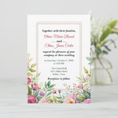 Chic Roze Blush Bloemen Paarse Waterverf bruiloft Kaart (Staand voorkant)