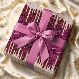 Chic Roze Blush Rode Glitter Druppels Monogram Cadeaupapier