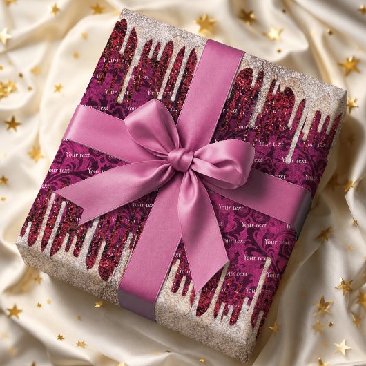 Chic Roze Blush Rode Glitter Druppels Monogram Cadeaupapier