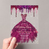Chic roze bordeauxjurk glitter druppels verjaardag acryl uitnodigingen (Insitu (Draagbaar))