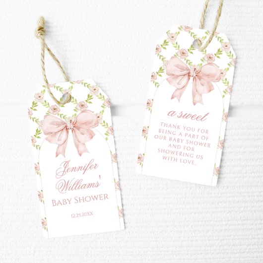 Chic Roze Bow Bloemen Baby Meisje Douche Dank u Cadeaulabel