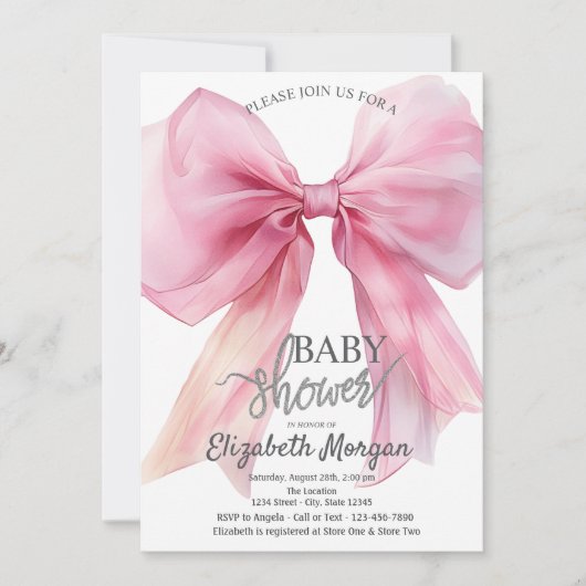 Chic Roze Bow Gestreept Baby shower Kaart (Voorkant)