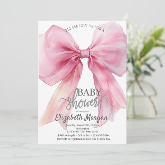 Chic Roze Bow Gestreept Baby shower Kaart (Staand voorkant)