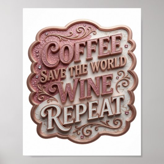 Chic Roze COFFEE SAVE THE WORLD WINE REPEAT Poster (Voorkant)