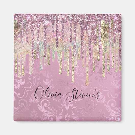 Chic roze damask driving unicorn glitter monogram magneet (Voorkant)
