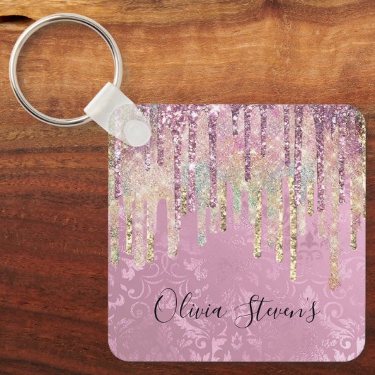 Chic roze damask driving unicorn glitter monogram sleutelhanger (Voorkant)