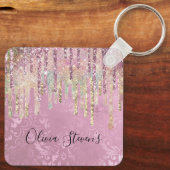 Chic roze damask driving unicorn glitter monogram sleutelhanger (Achterkant)