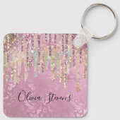 Chic roze damask driving unicorn glitter monogram sleutelhanger (Achterkant)