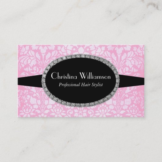 Chic roze Damask Rhinestones Visitekaartje (Voorkant)