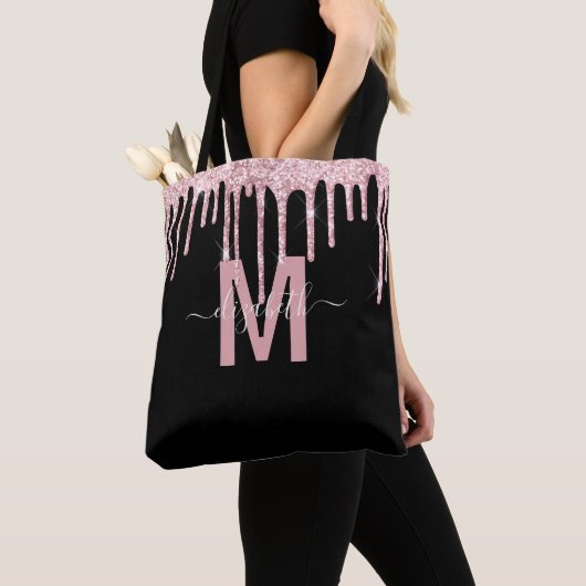Chic roze Driving Glitter Monogram Naam Tote Bag (Dichtbij)