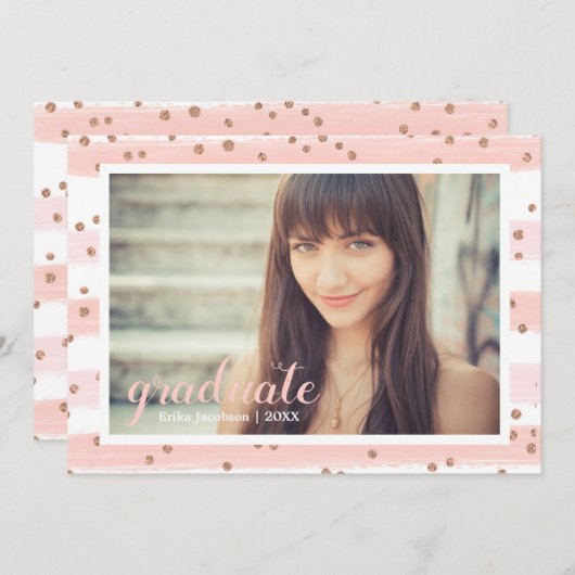 Chic roze en Gold Striped Afstuderen partijkaarten Kaart (Voorkant / Achterkant)