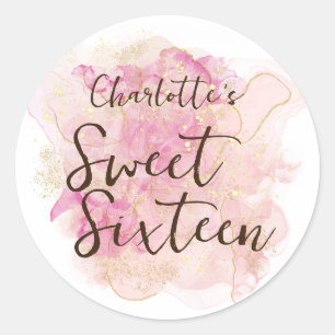 Chic Roze en Goud Waterverf Sweet 16 Party Ronde Sticker