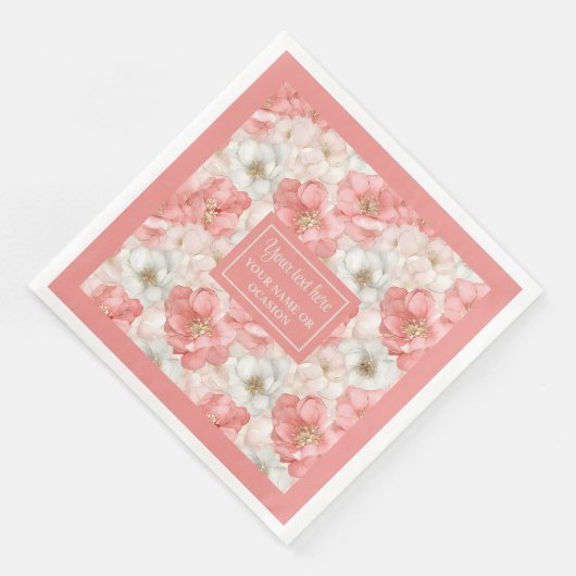 Chic Roze en Gouden Bloemen Napkin Custom Name Servet (Hoek)