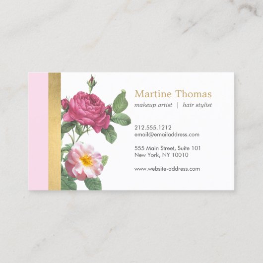 Chic Roze en Gouden  Bloemen Visitekaartje (Achterkant)