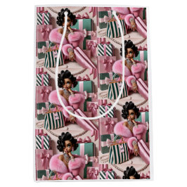 Chic roze en groen medium cadeauzakje