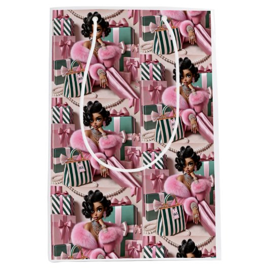 Chic roze en groen medium cadeauzakje (Voorkant)